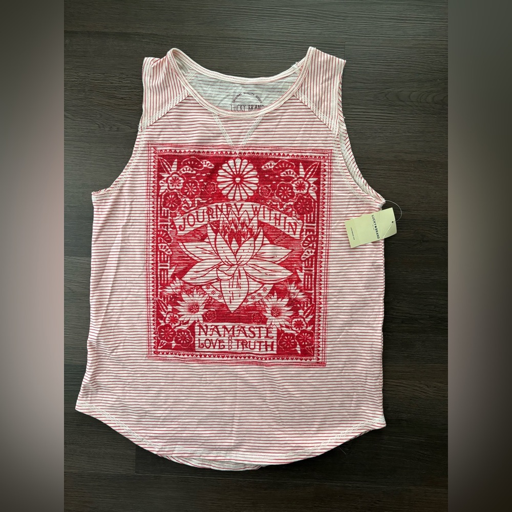 Lucky Brand Red and Off White Namaste Graphic Yoga Tank Top Tee Sz Medium